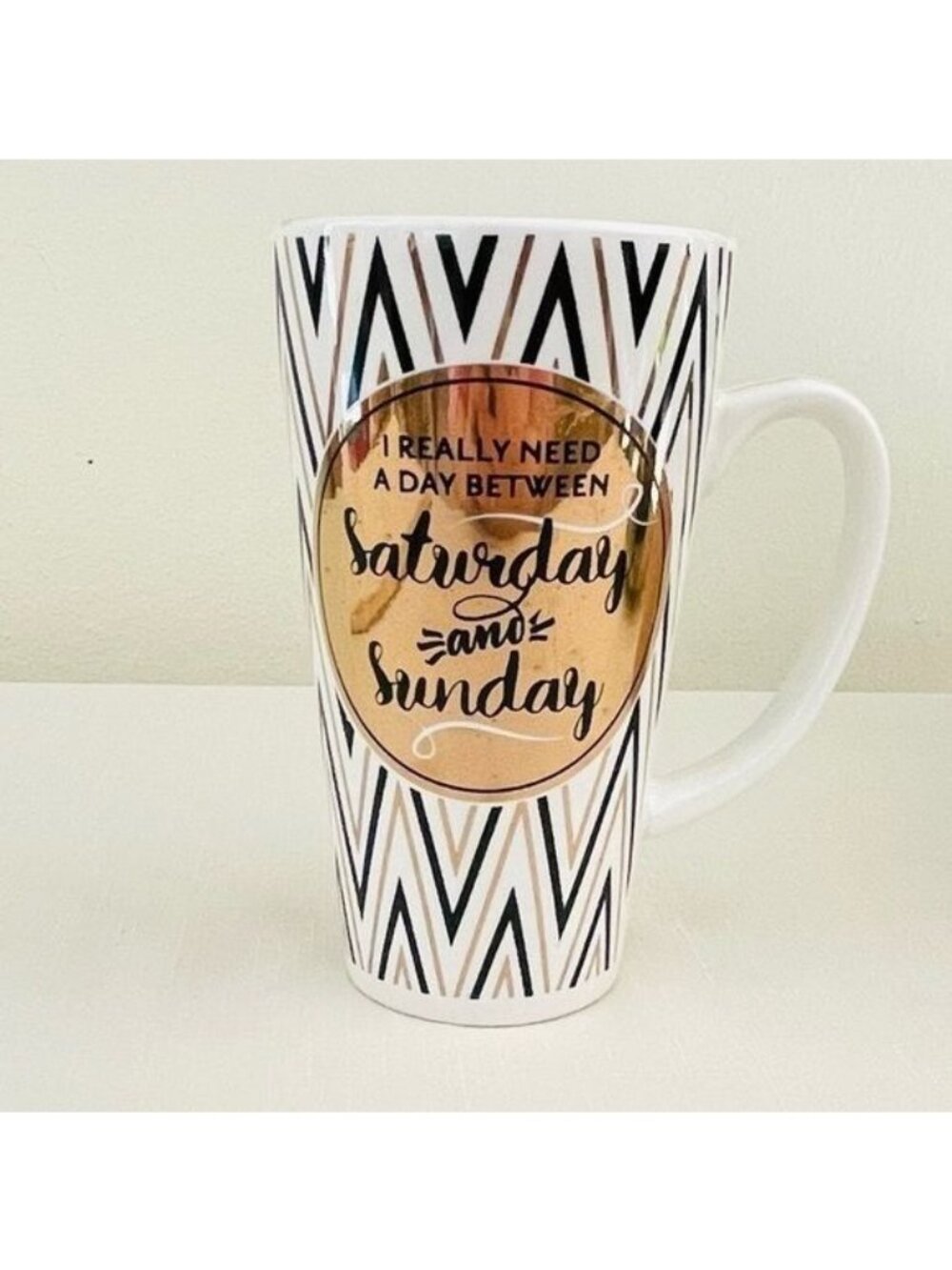 Ceramic Coffee Tea Mug Weekend Humor 15 oz White Gold Geometric
